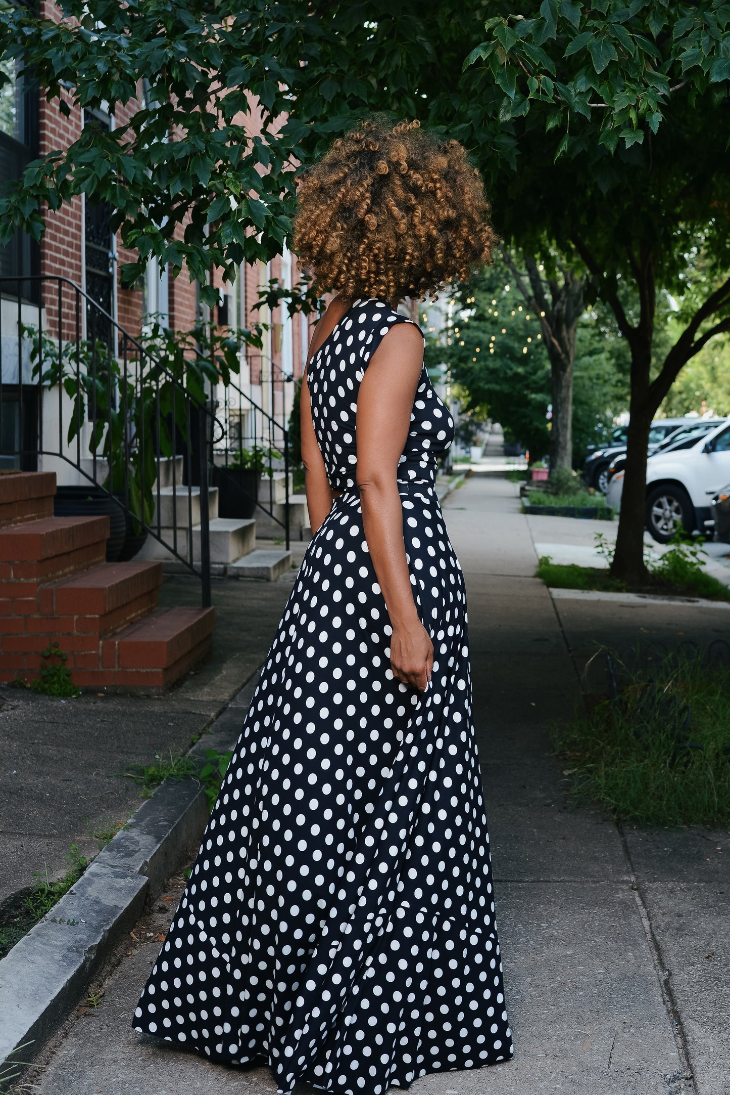 polka dot one-shoulder cutout
