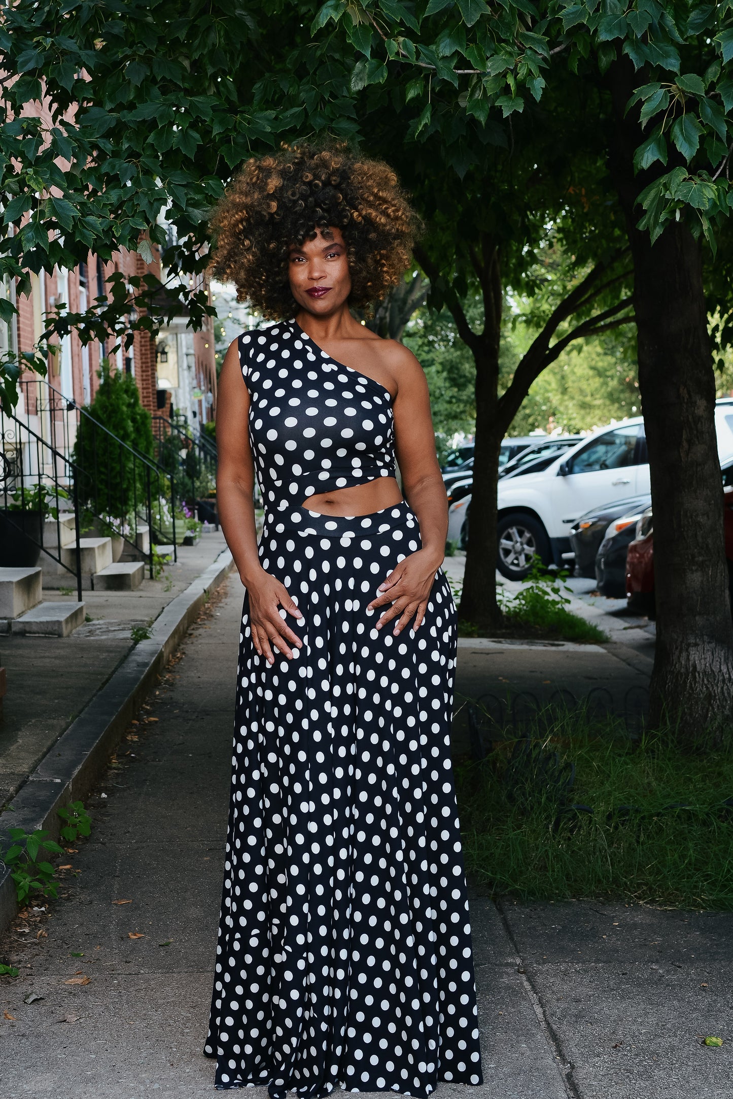 polka dot one-shoulder cutout