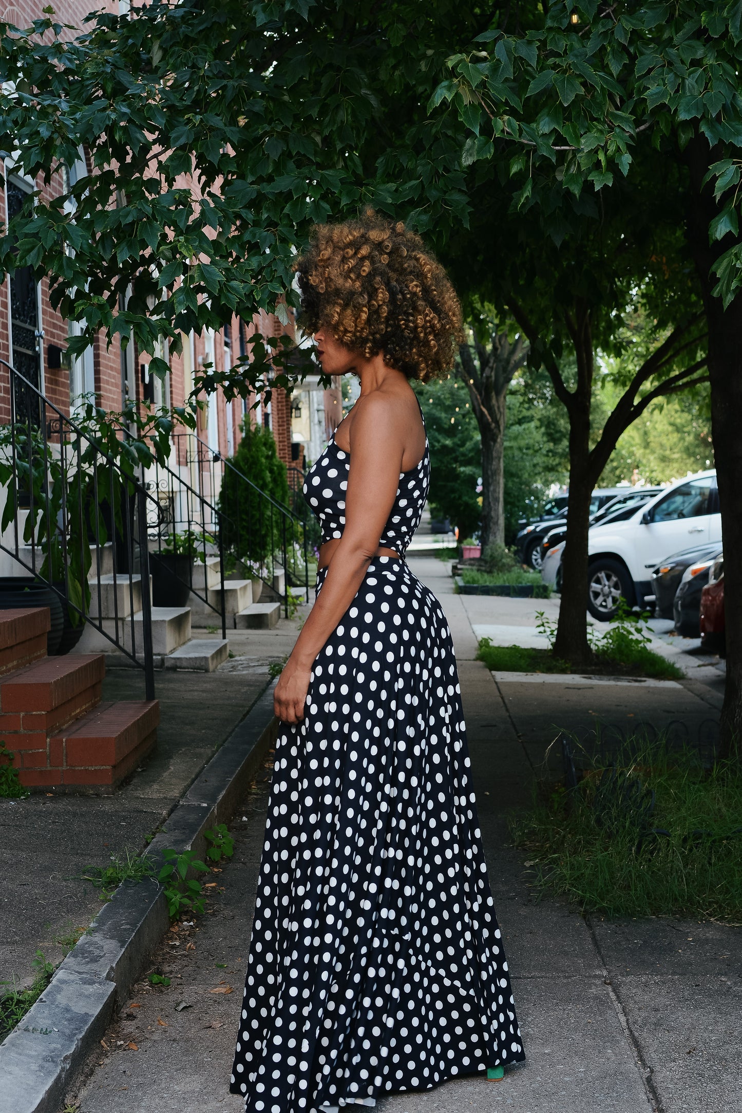 polka dot one-shoulder cutout
