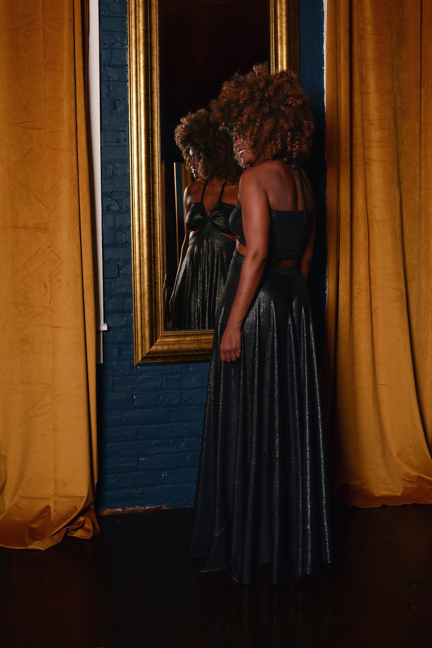 metallic back out halter