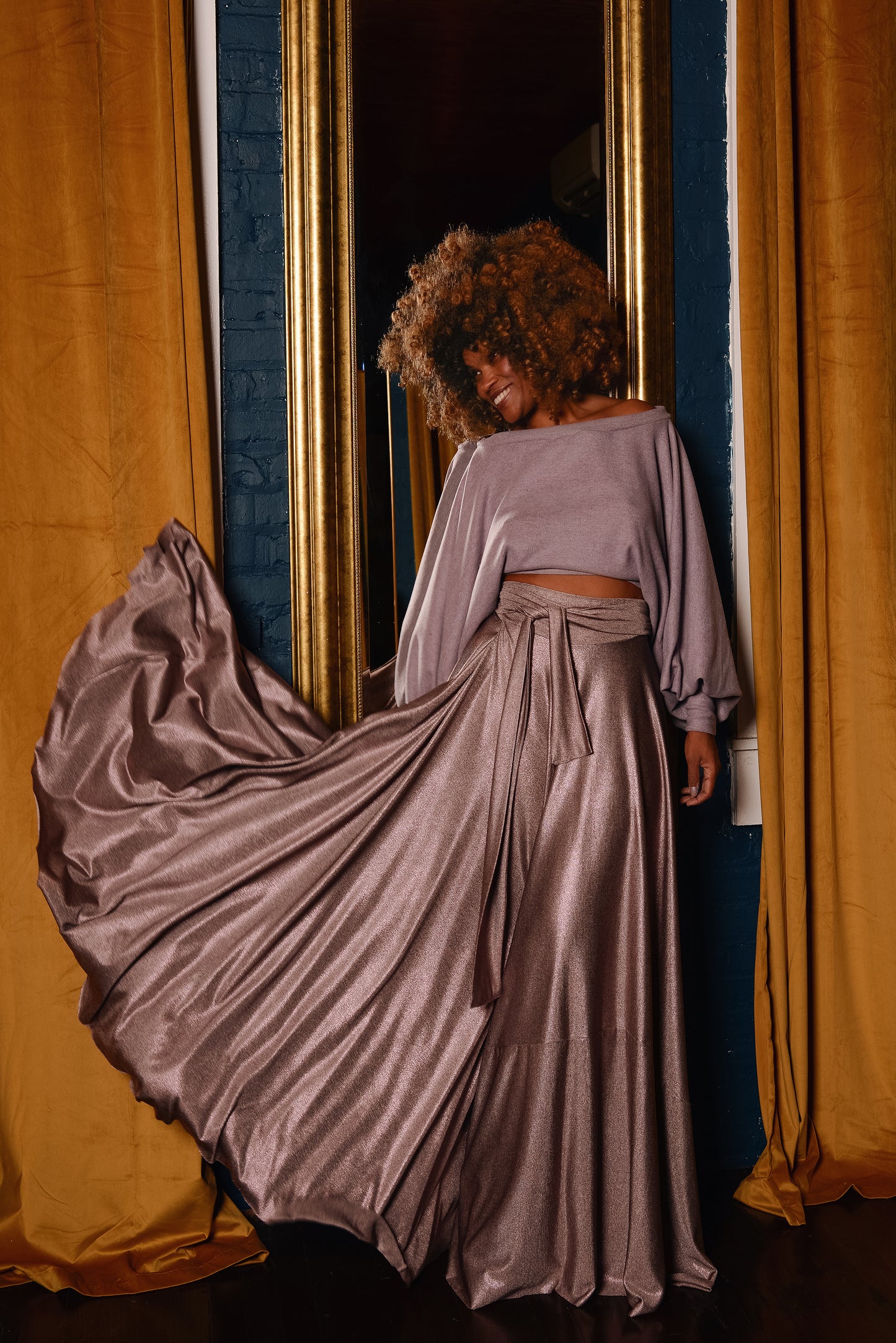 metallic mauve circle skirt + fashmere crop