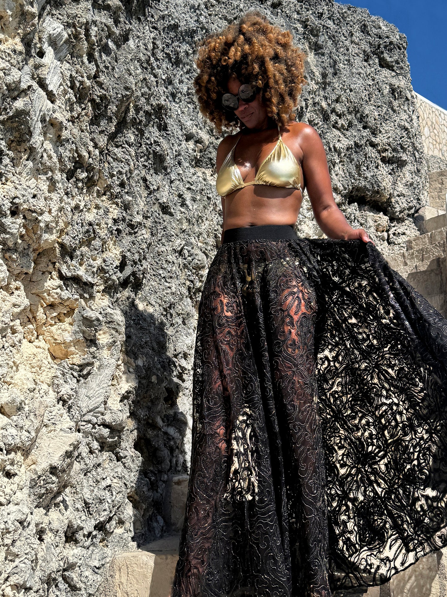 :: select :: embroidered lace skirt with gold lurex