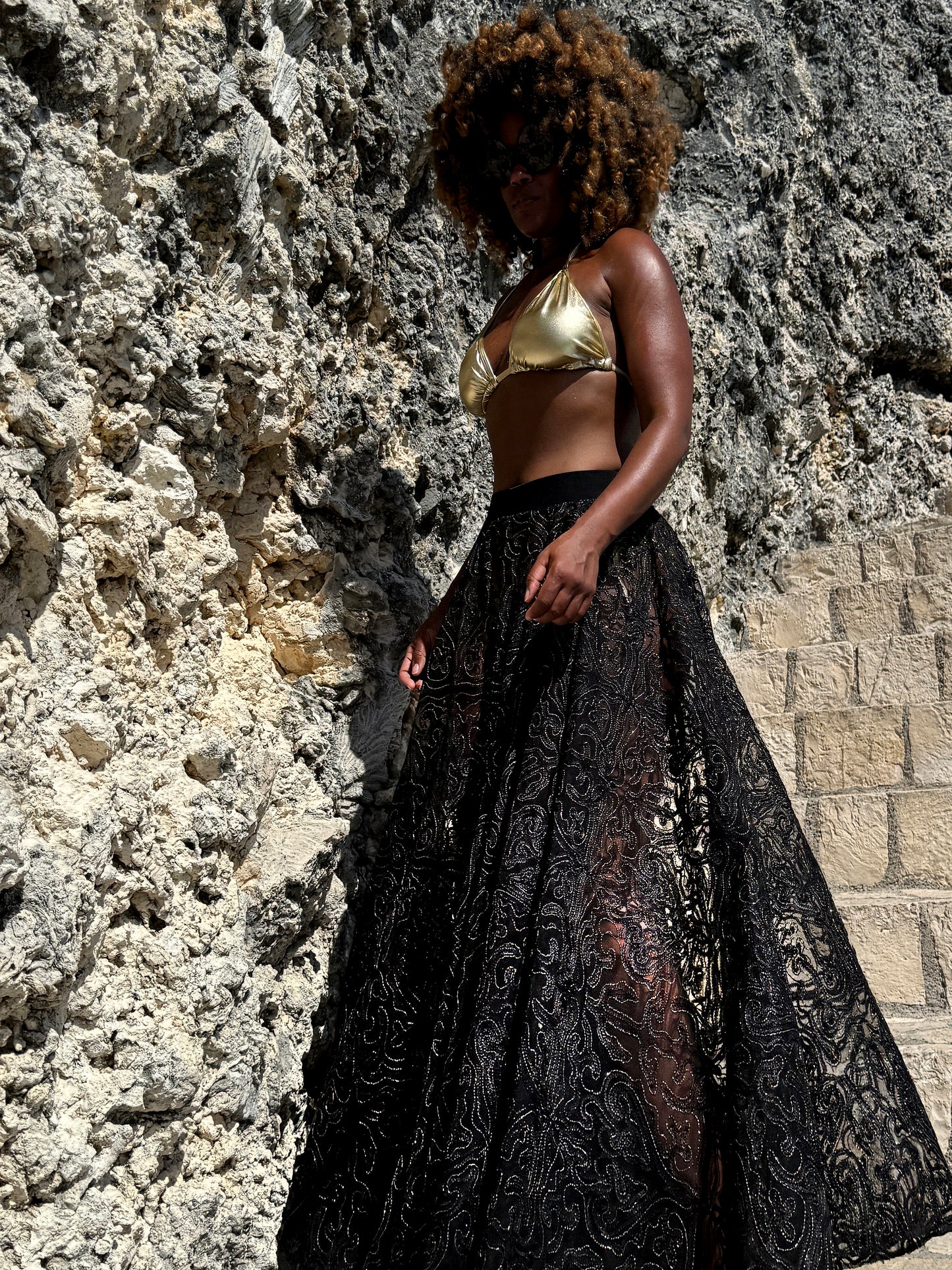 :: select :: embroidered lace skirt with gold lurex