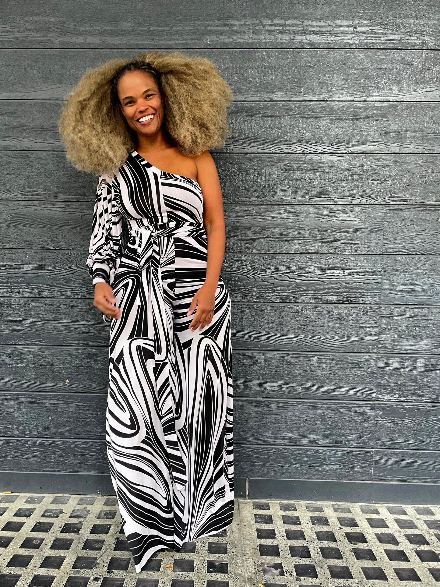 one-shoulder bishop sleeve jumper