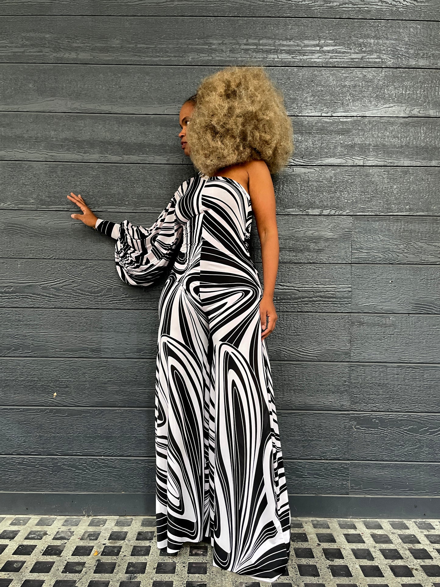 one-shoulder bishop sleeve jumper