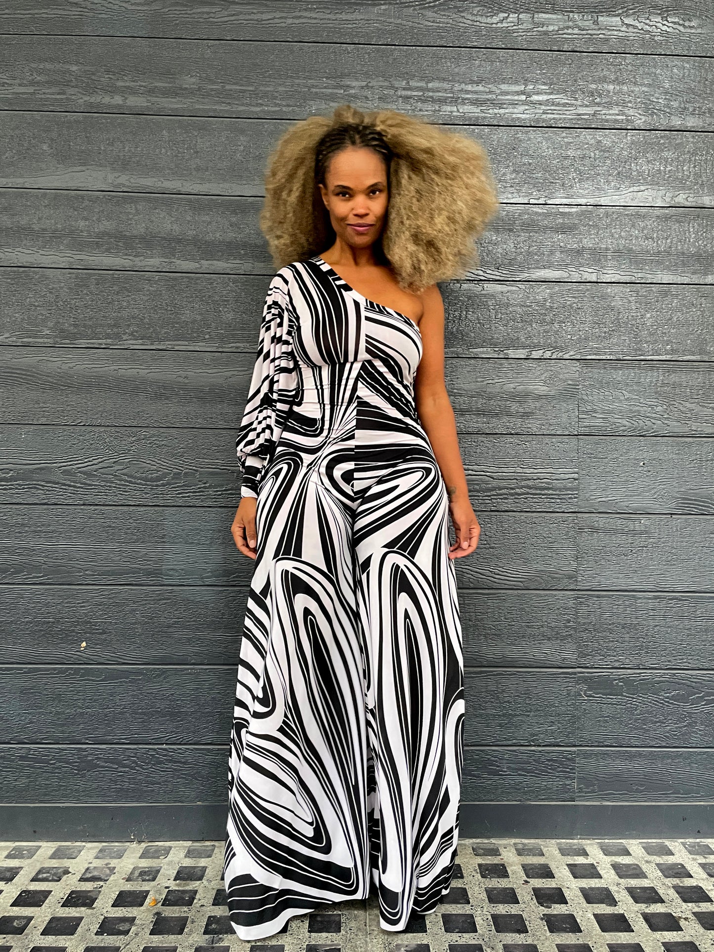 one-shoulder bishop sleeve jumper