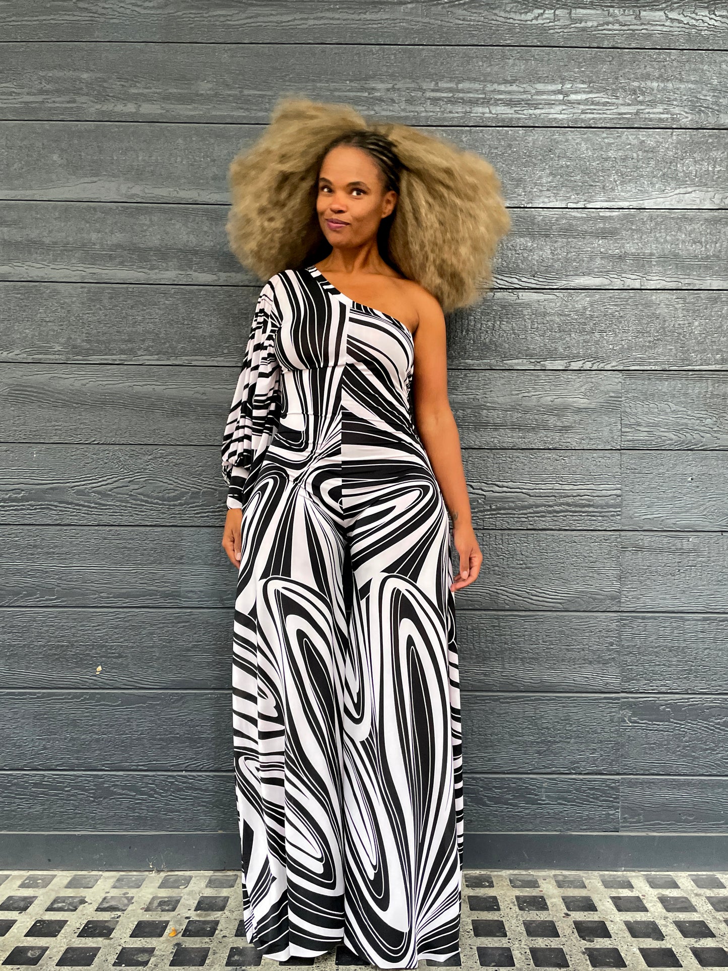 one-shoulder bishop sleeve jumper