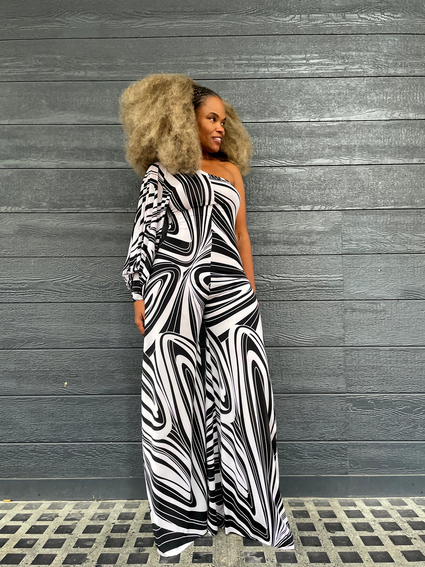 one-shoulder bishop sleeve jumper