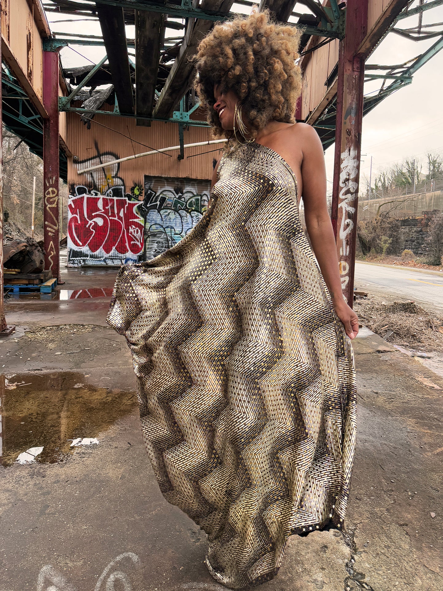 :: fire :: gold sequin one-shoulder drape
