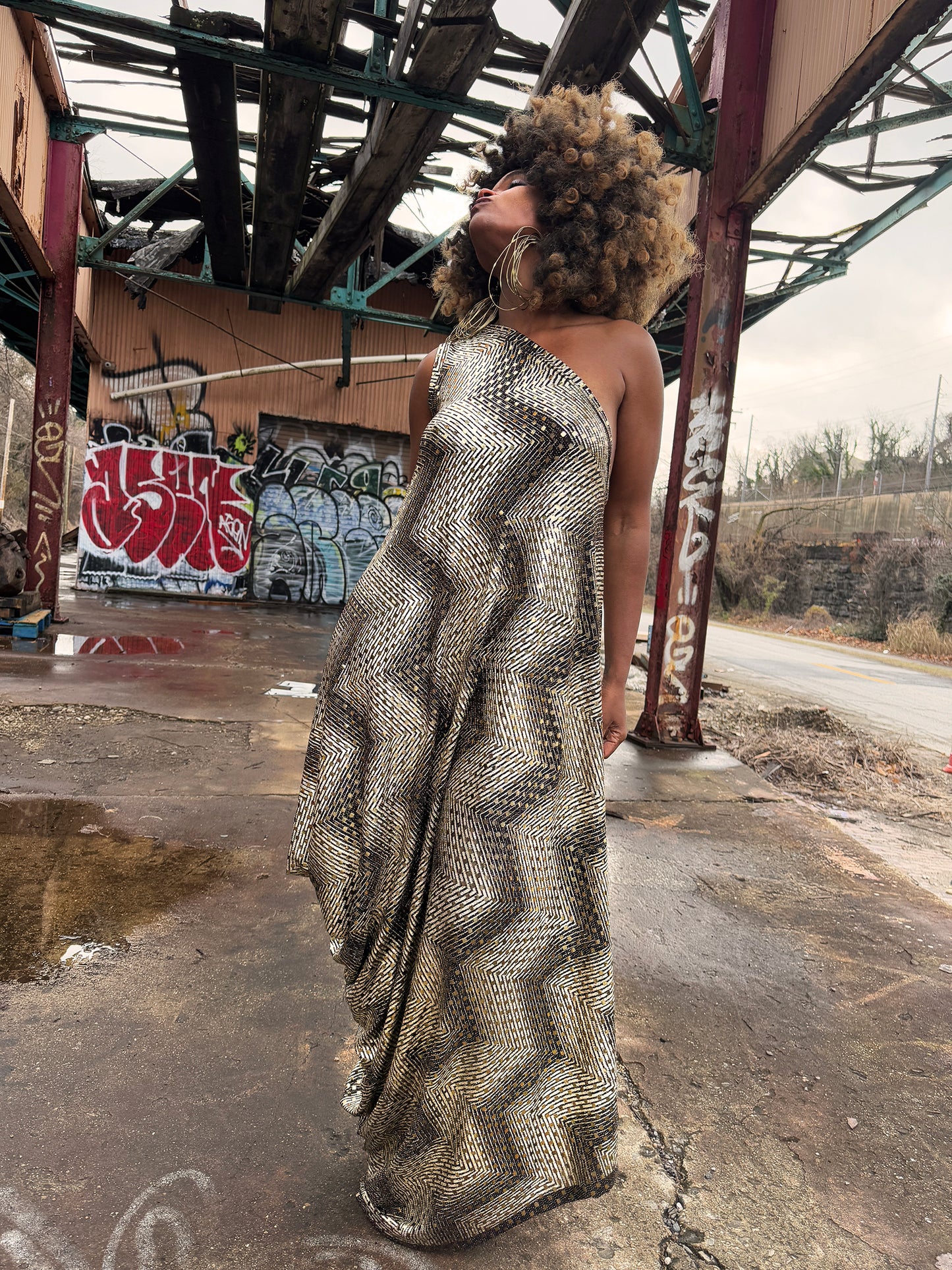 :: fire :: gold sequin one-shoulder drape