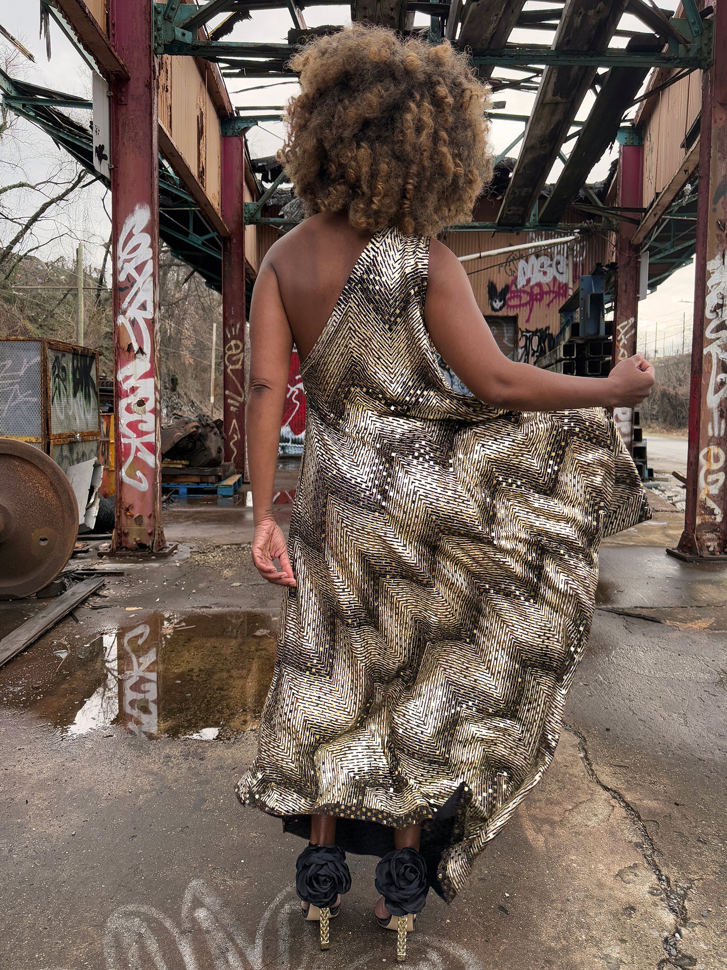 :: fire :: gold sequin one-shoulder drape