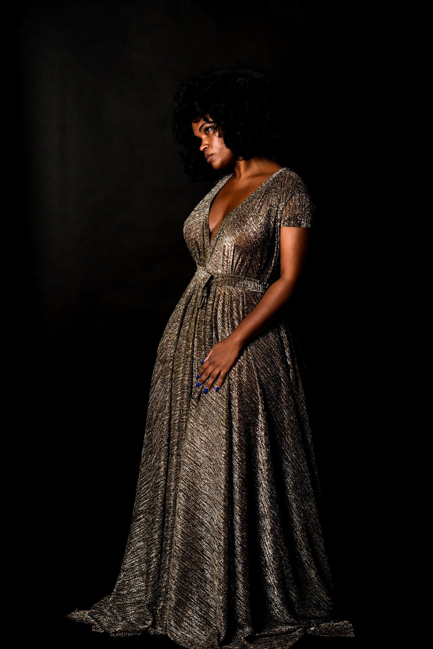 metallic capped sleeve deep v dress