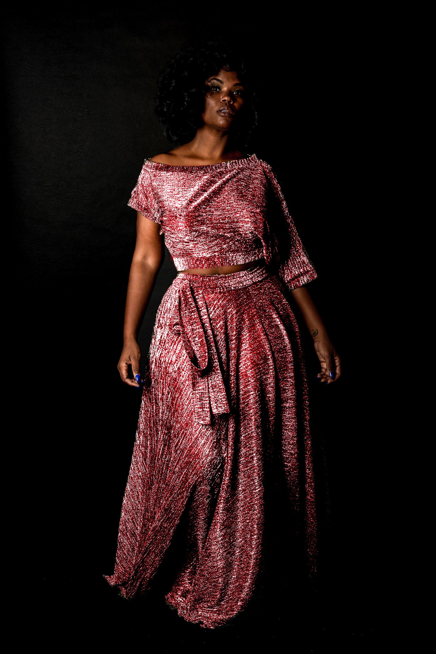 :: select :: metallic off slope crop + circle skirt