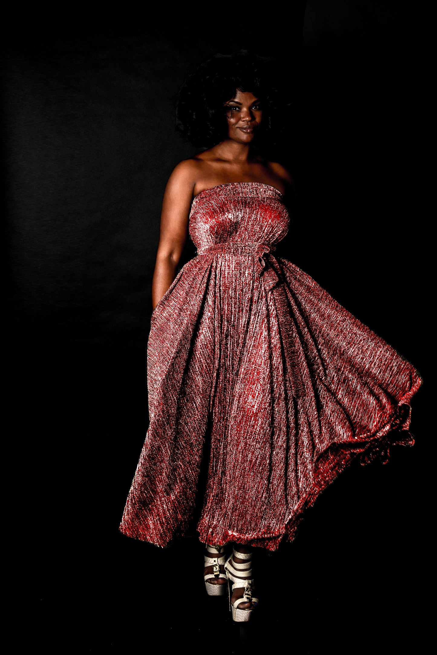 metallic off slope crop + circle skirt