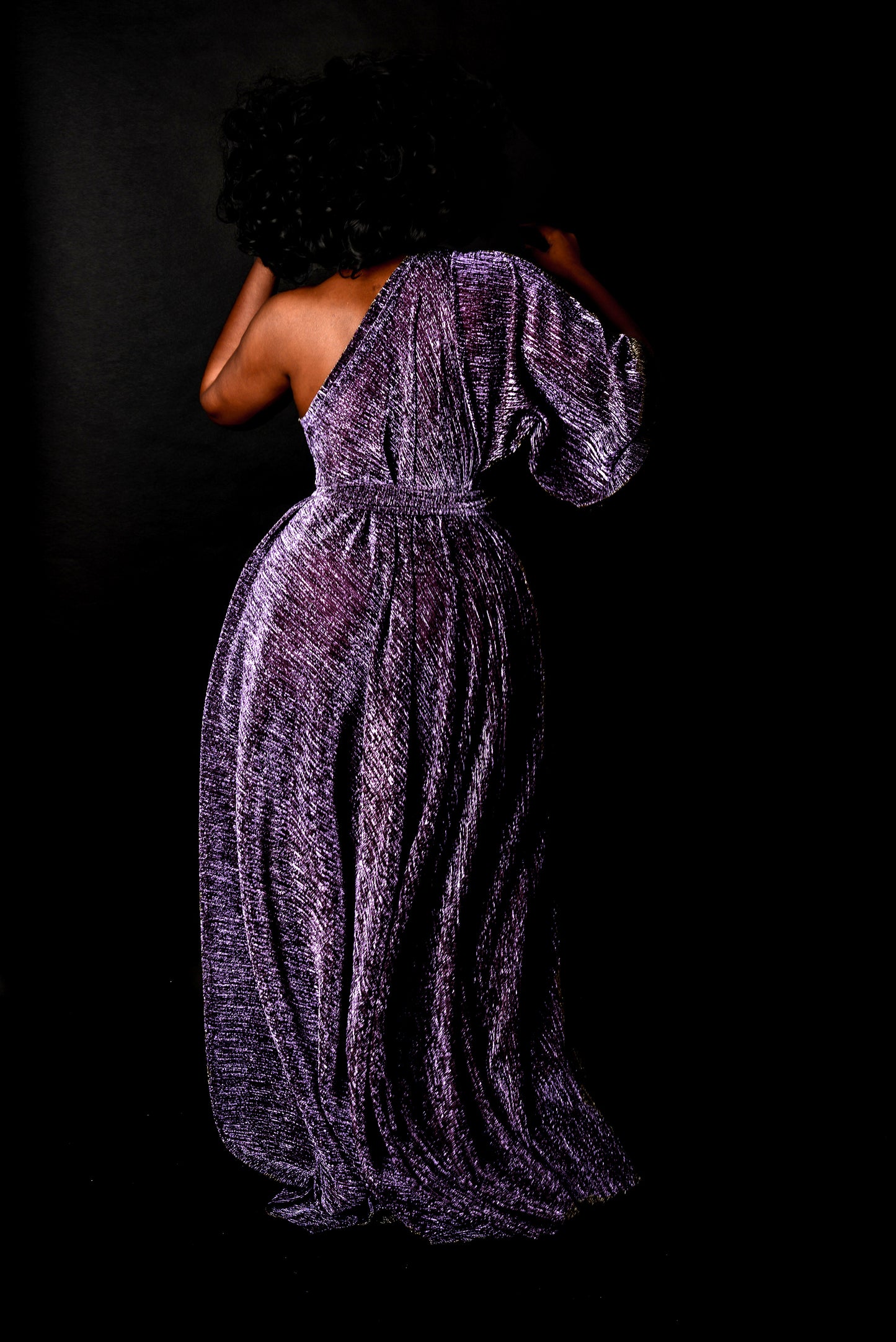 metallic one-shoulder mid-sleeve grecian