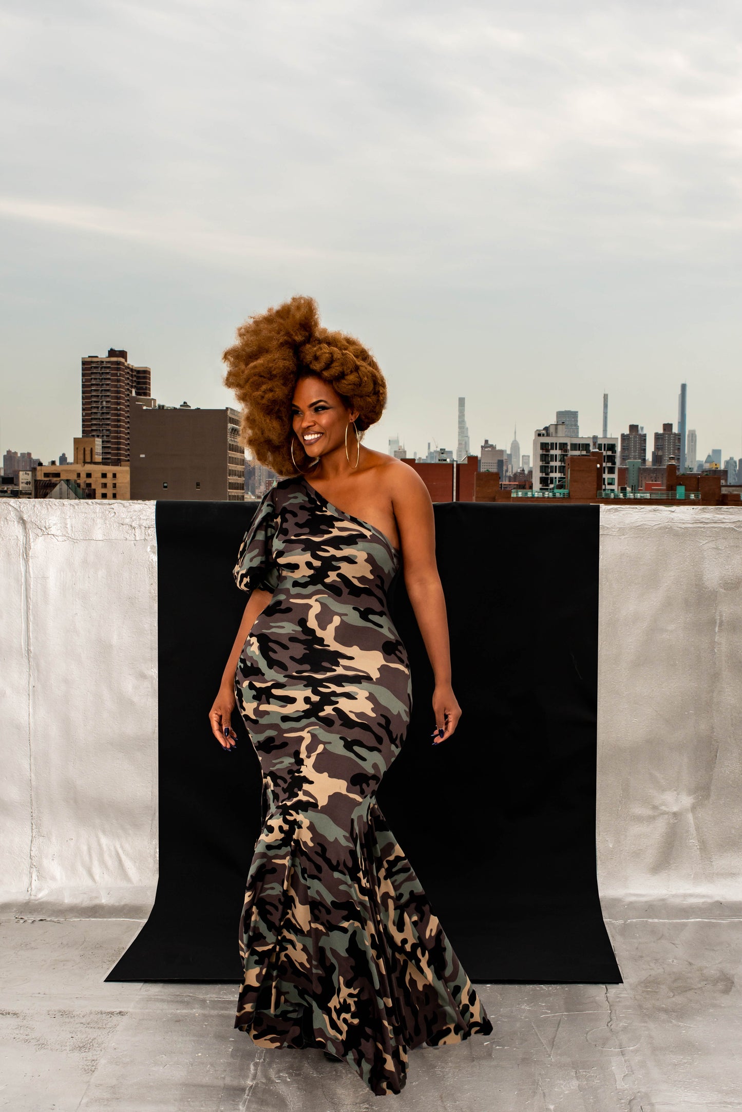 camo one-shoulder puff fishtail