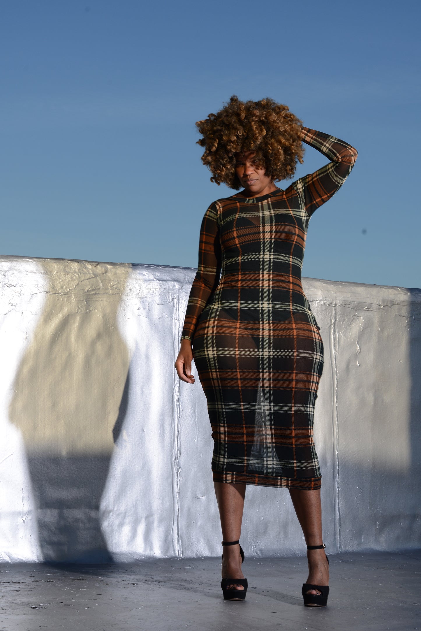 plaid power mesh pencil dress