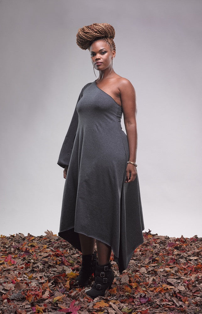 one-shoulder puff sleeve tea-length