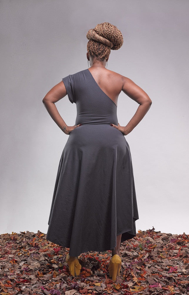 one-shoulder tea length shift