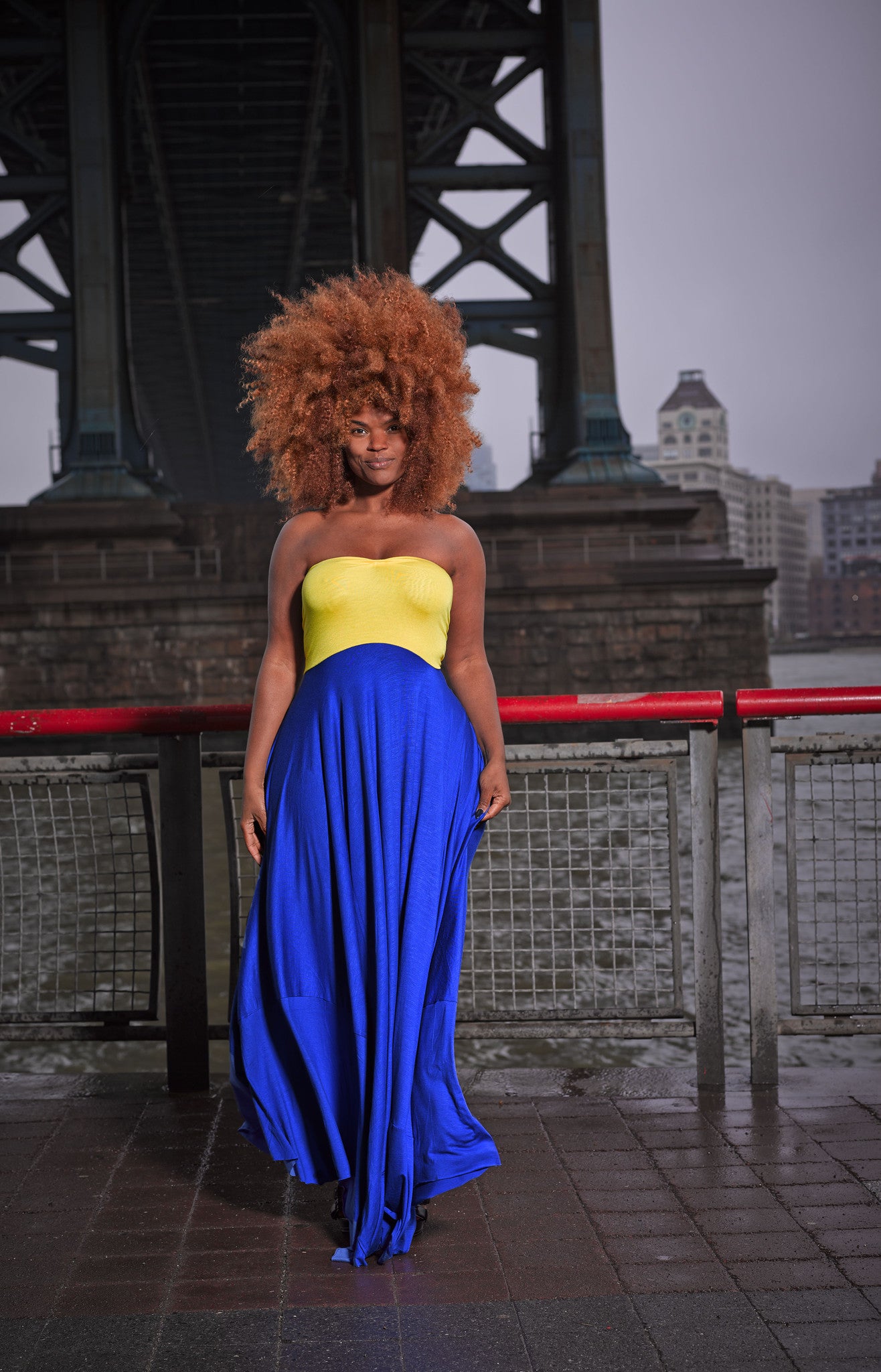 blocked strapless bodice dress