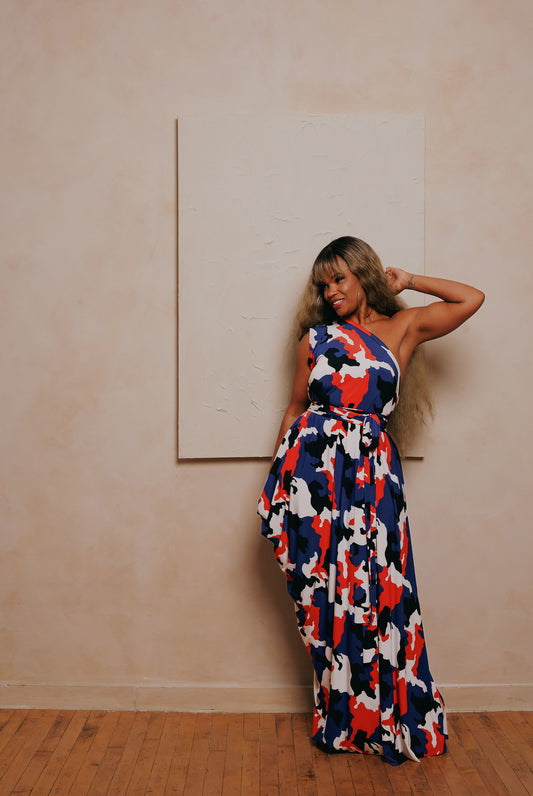 print one-shoulder drape
