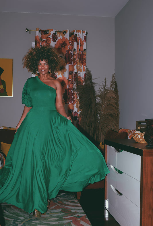 one-shoulder puff bodice