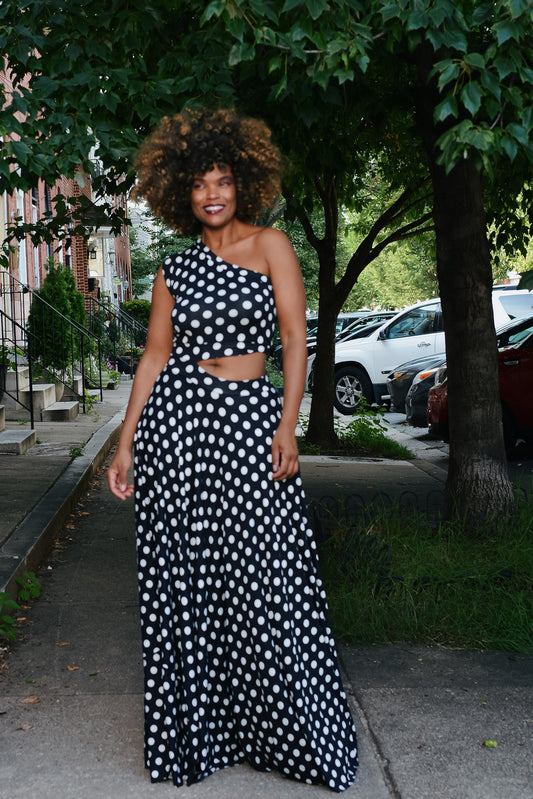 polka dot one-shoulder cutout