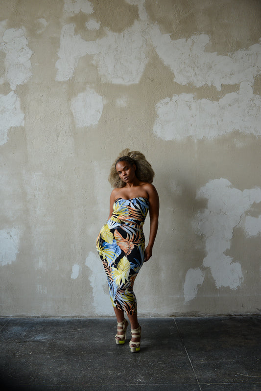 floral print strapless cutout pencil