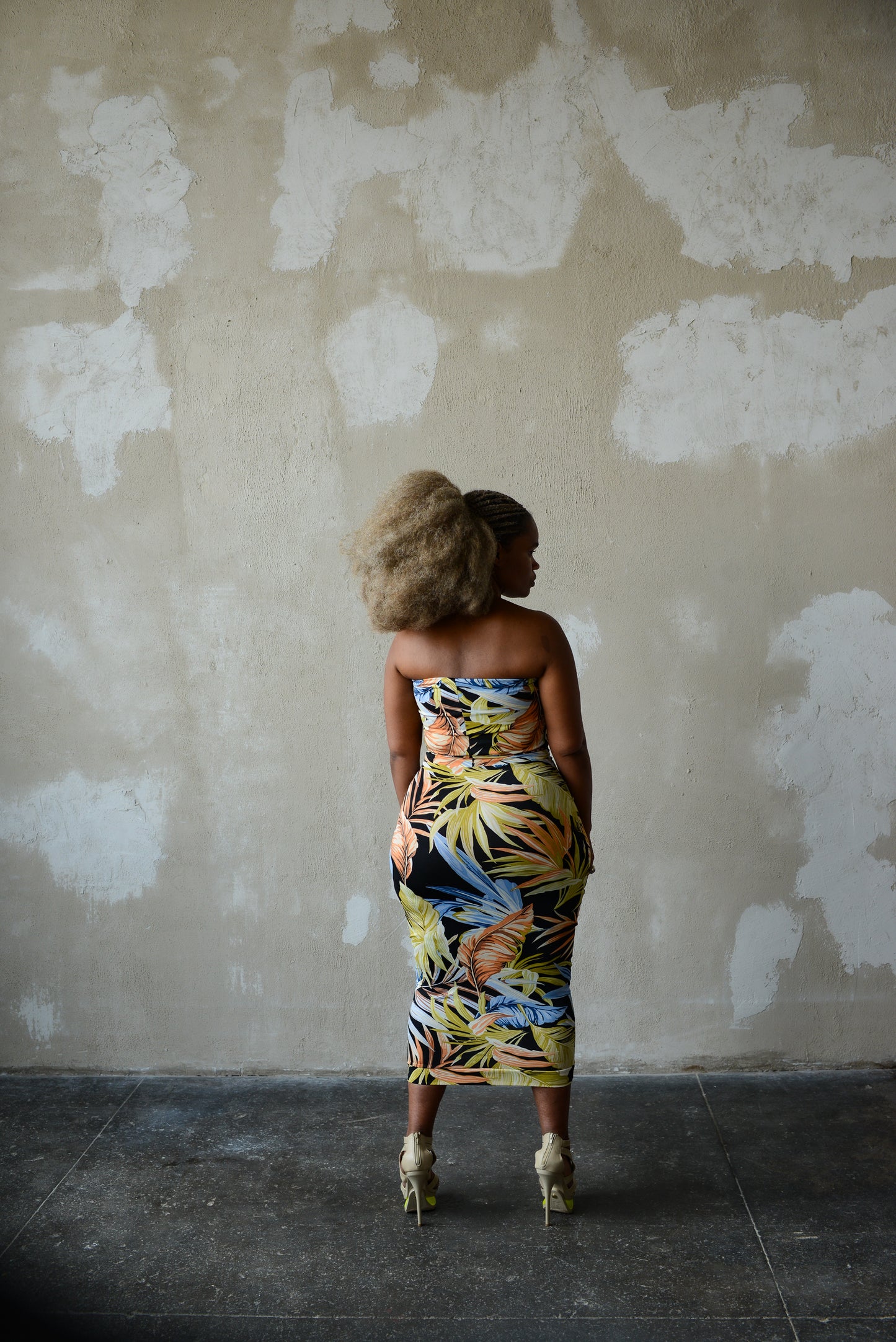 floral print strapless cutout pencil