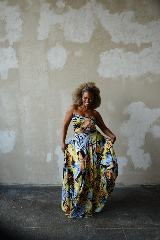 floral print strapless cutout