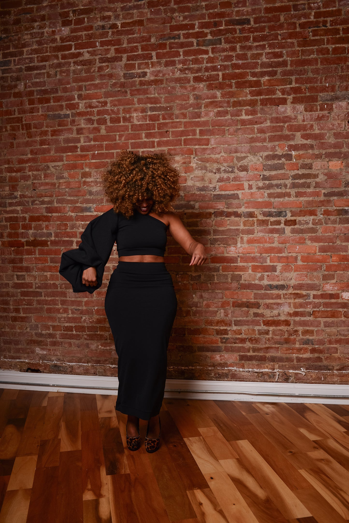 bishop sleeve one-shoulder crop + pencil skirt