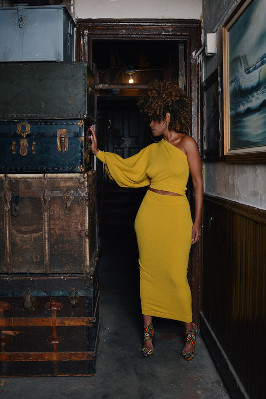 :: BRIGHTS :: bishop sleeve one-shoulder crop + pencil skirt