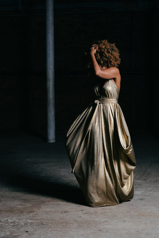 metallic drape halter