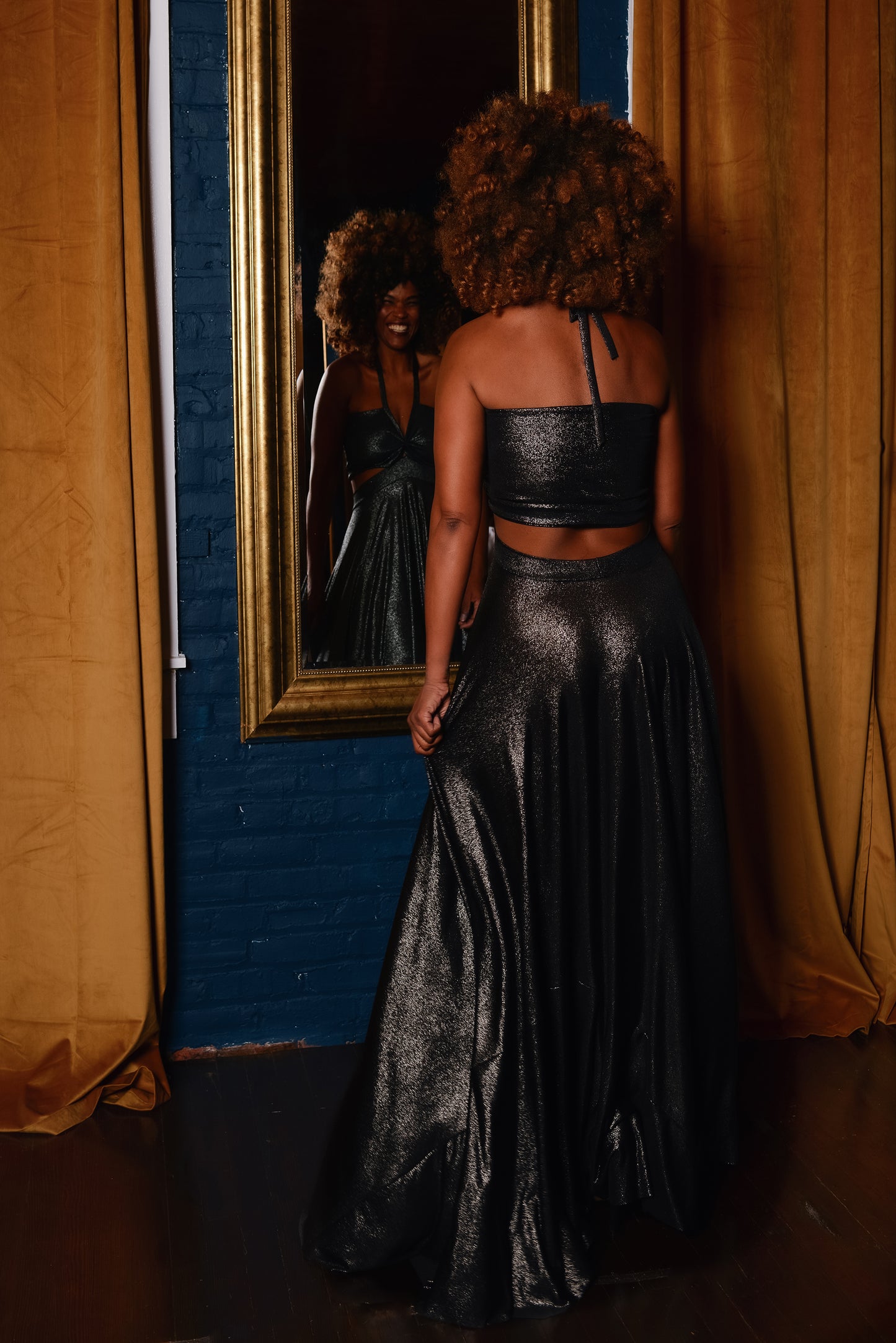 metallic back out halter