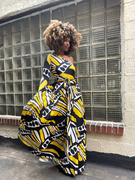 :: select :: mod print long sleeve one-shoulder grecian