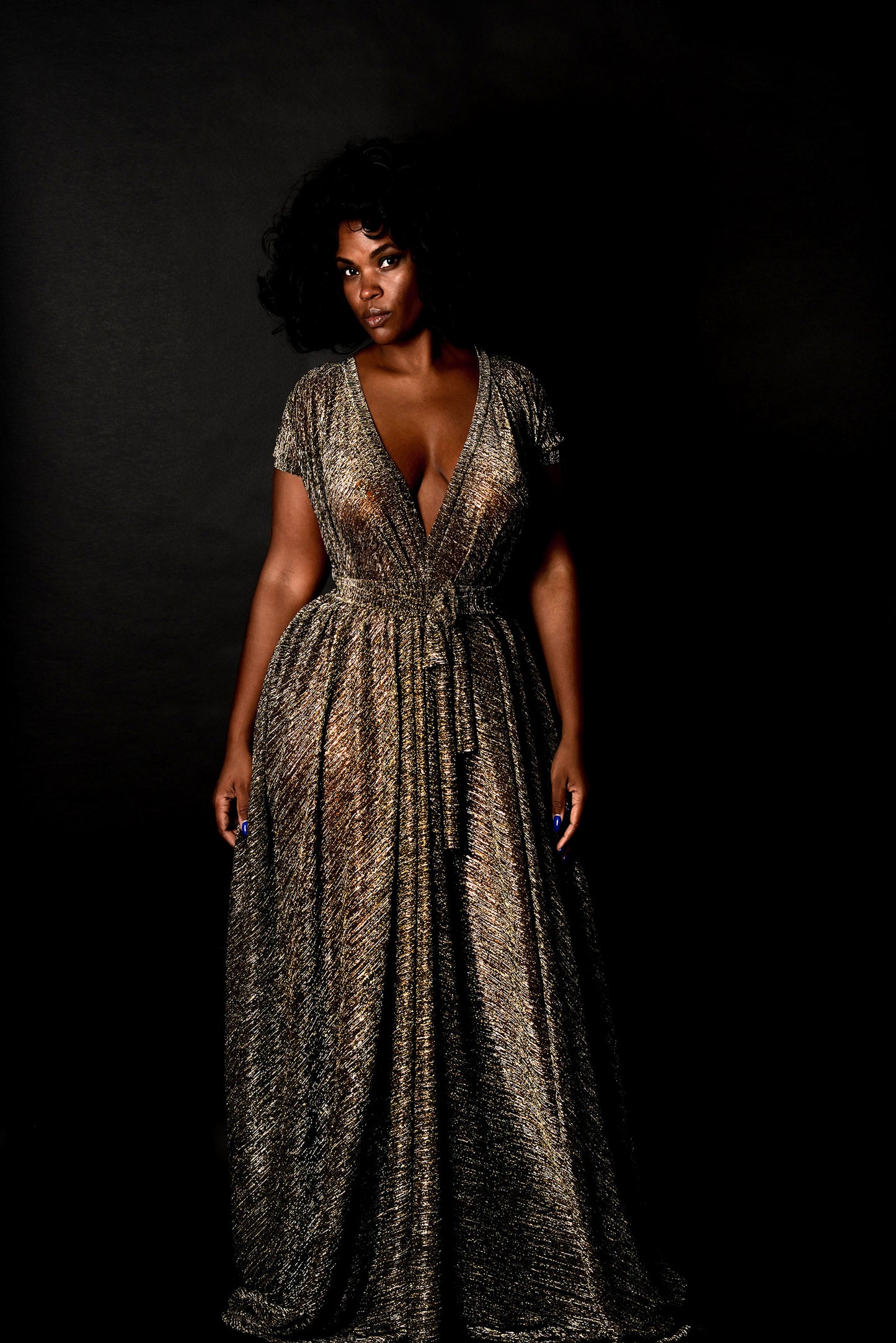 :: select :: metallic capped sleeve deep v dress