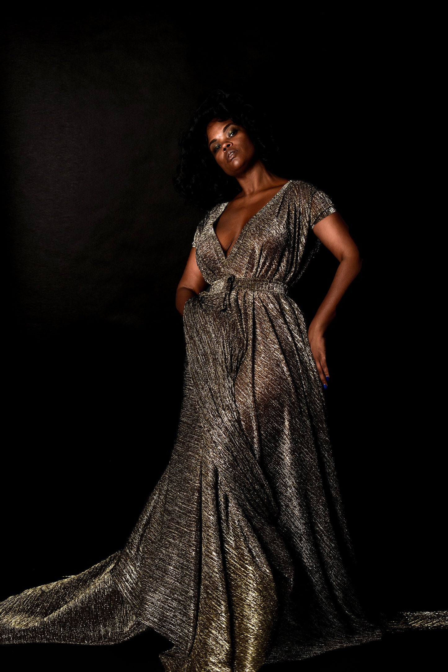 :: select :: metallic capped sleeve deep v dress