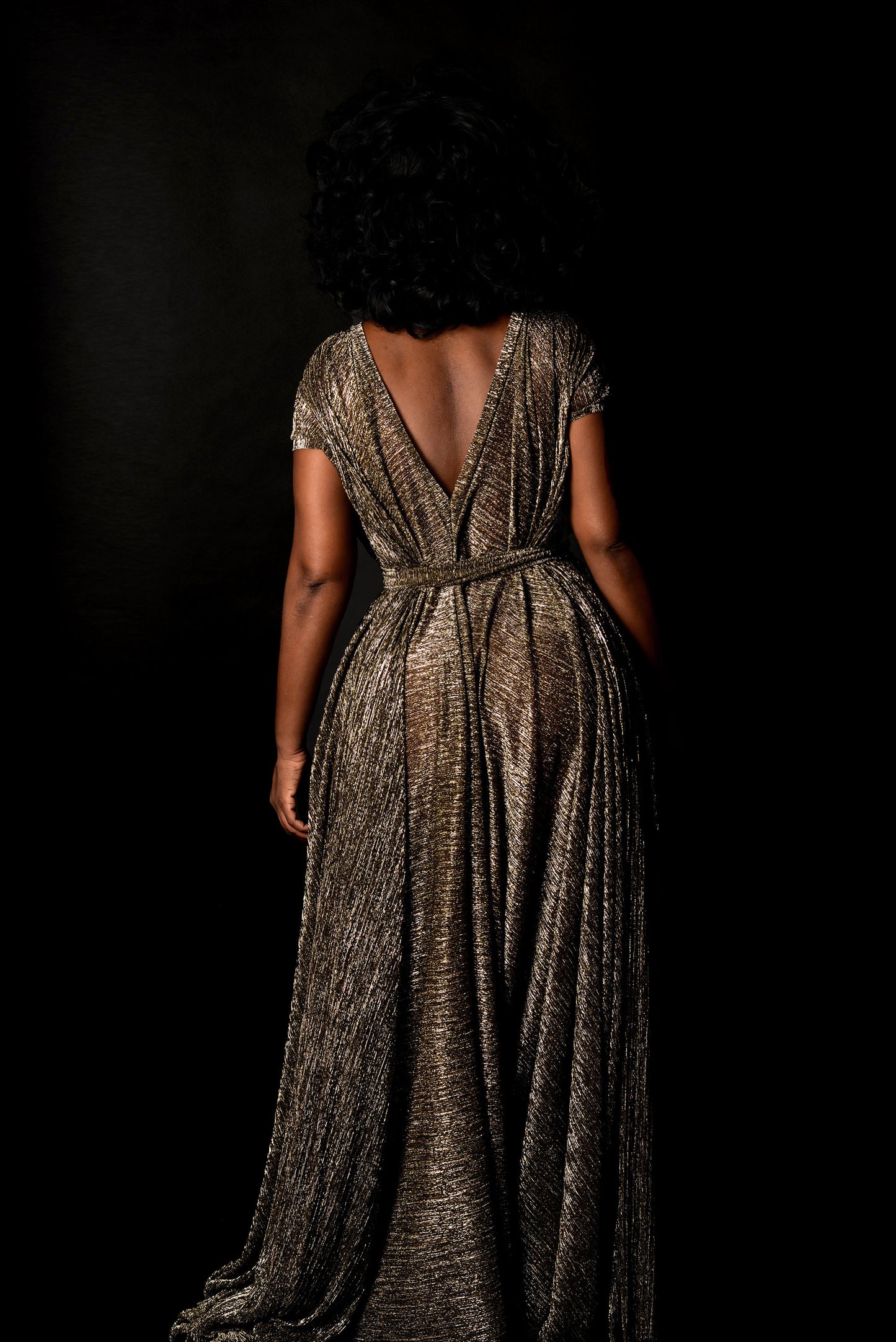 :: select :: metallic capped sleeve deep v dress