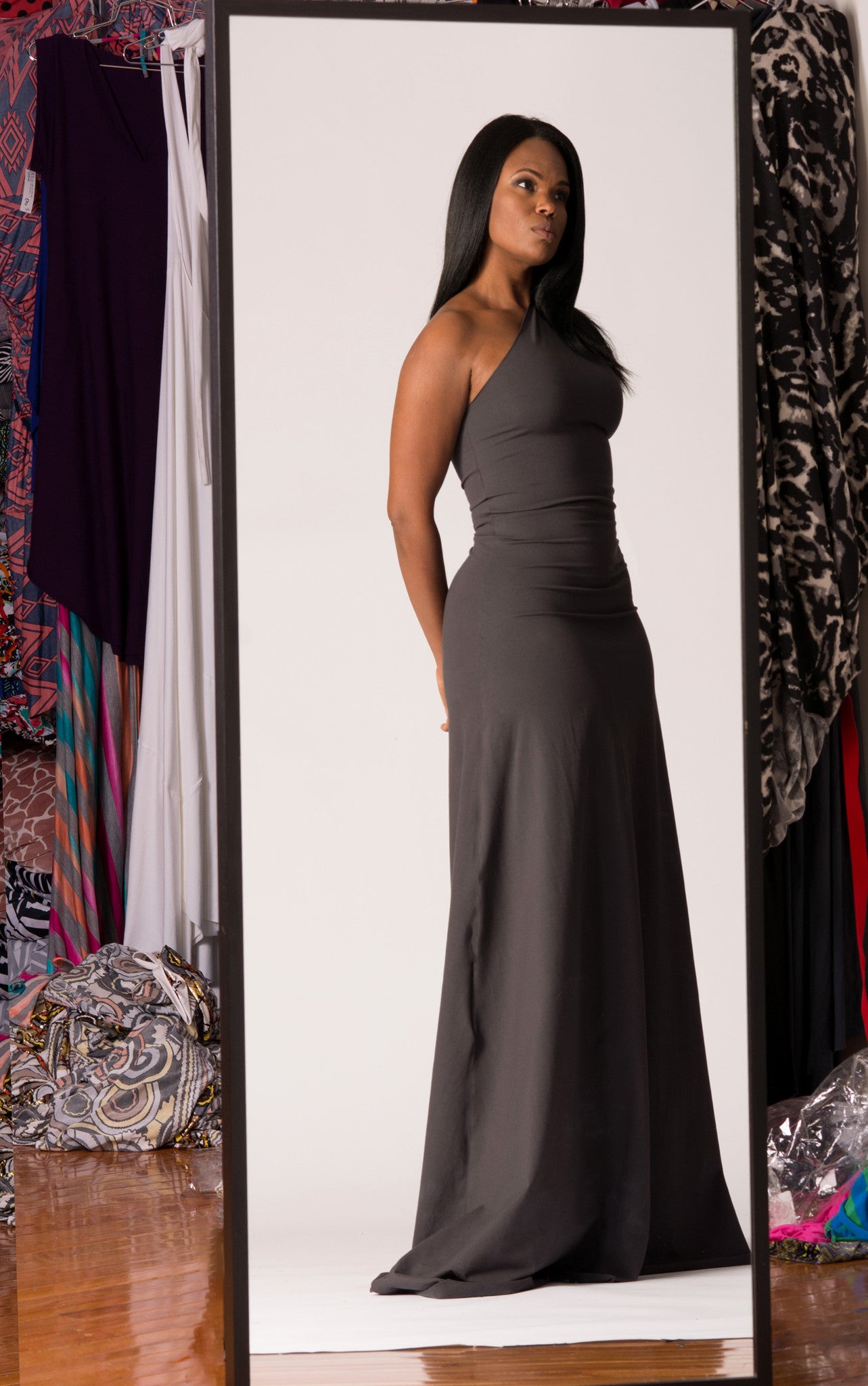 one-shoulder block sleeve dress