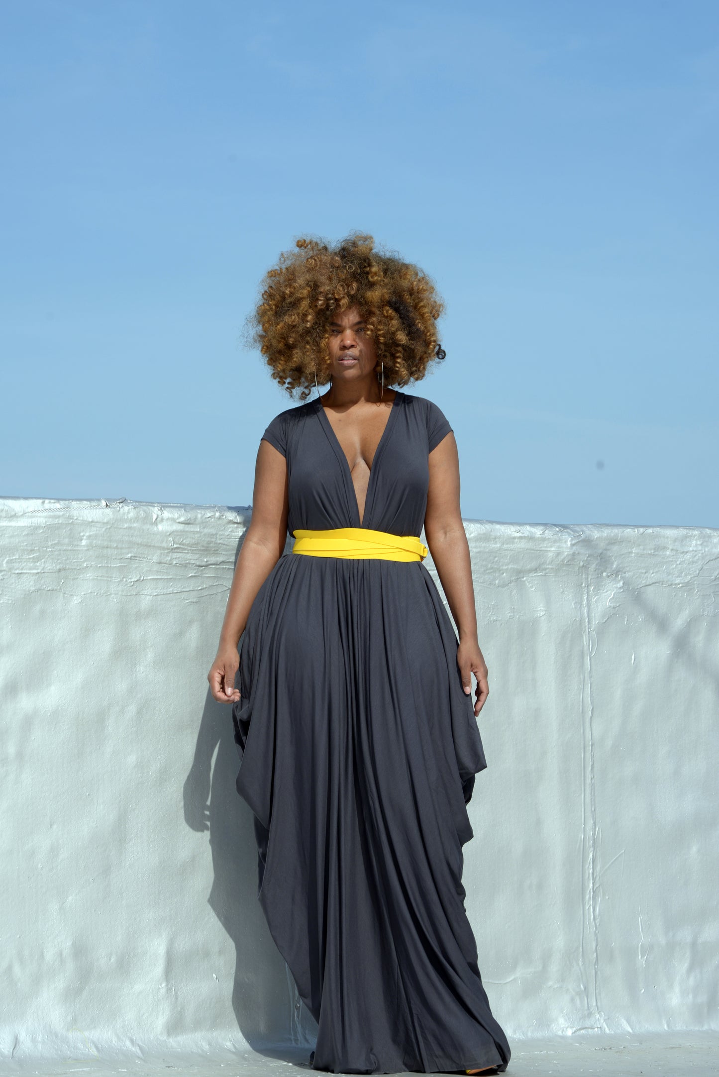 charcoal drape with elastic yellow wrap belt