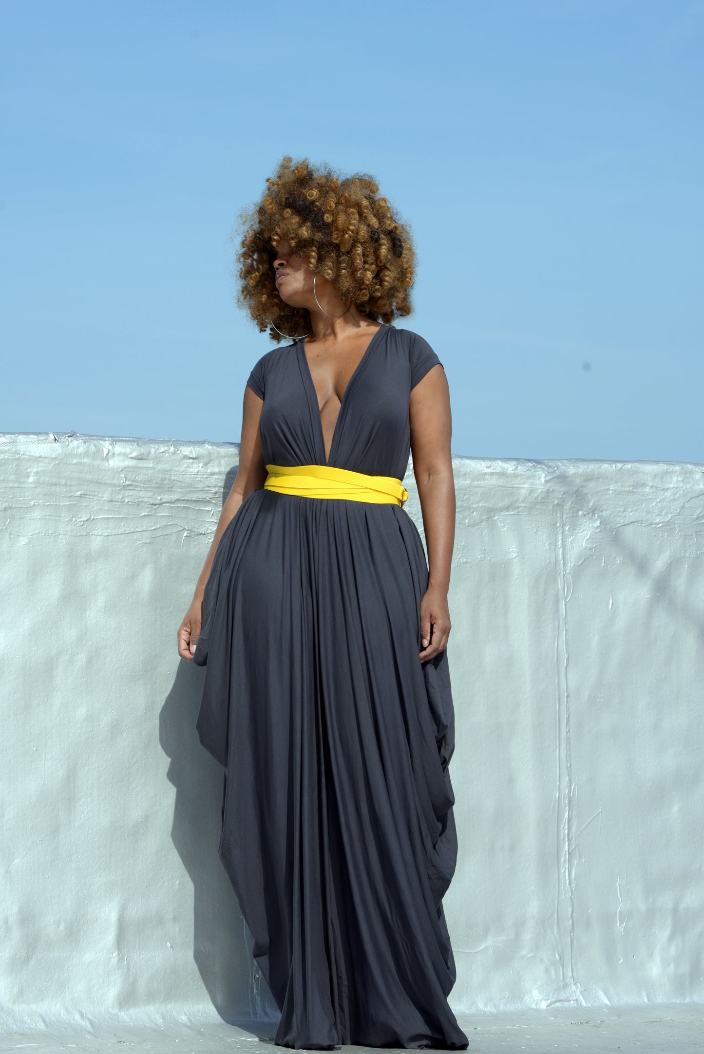 charcoal drape with elastic yellow wrap belt