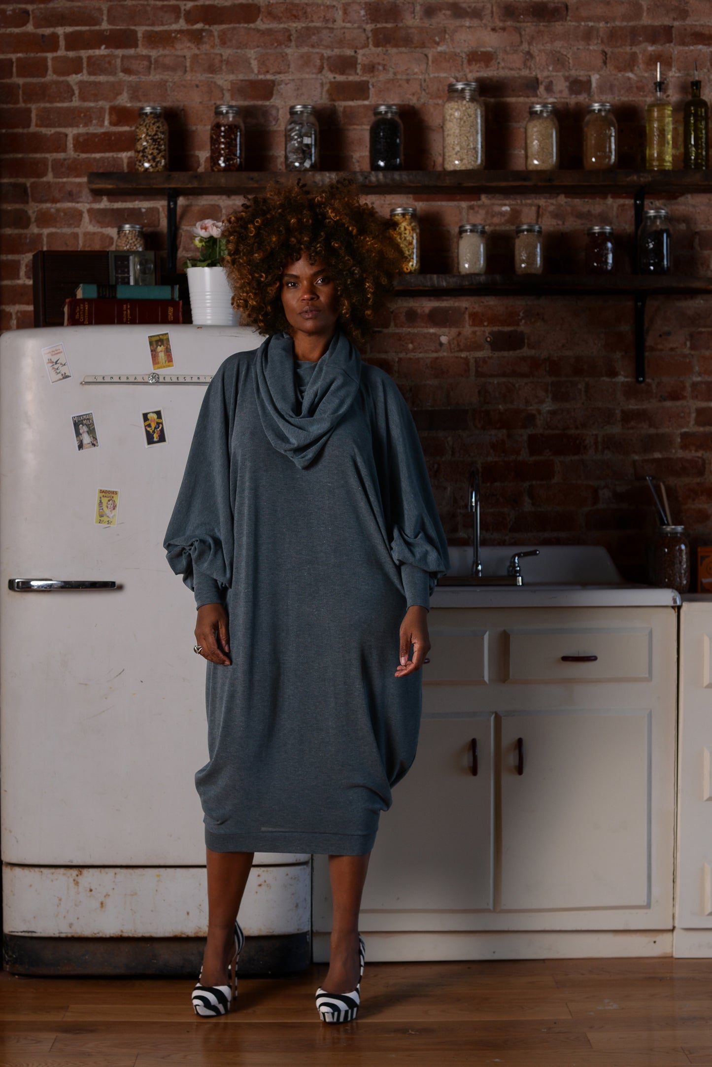 knit long sleeve cowl neck shift