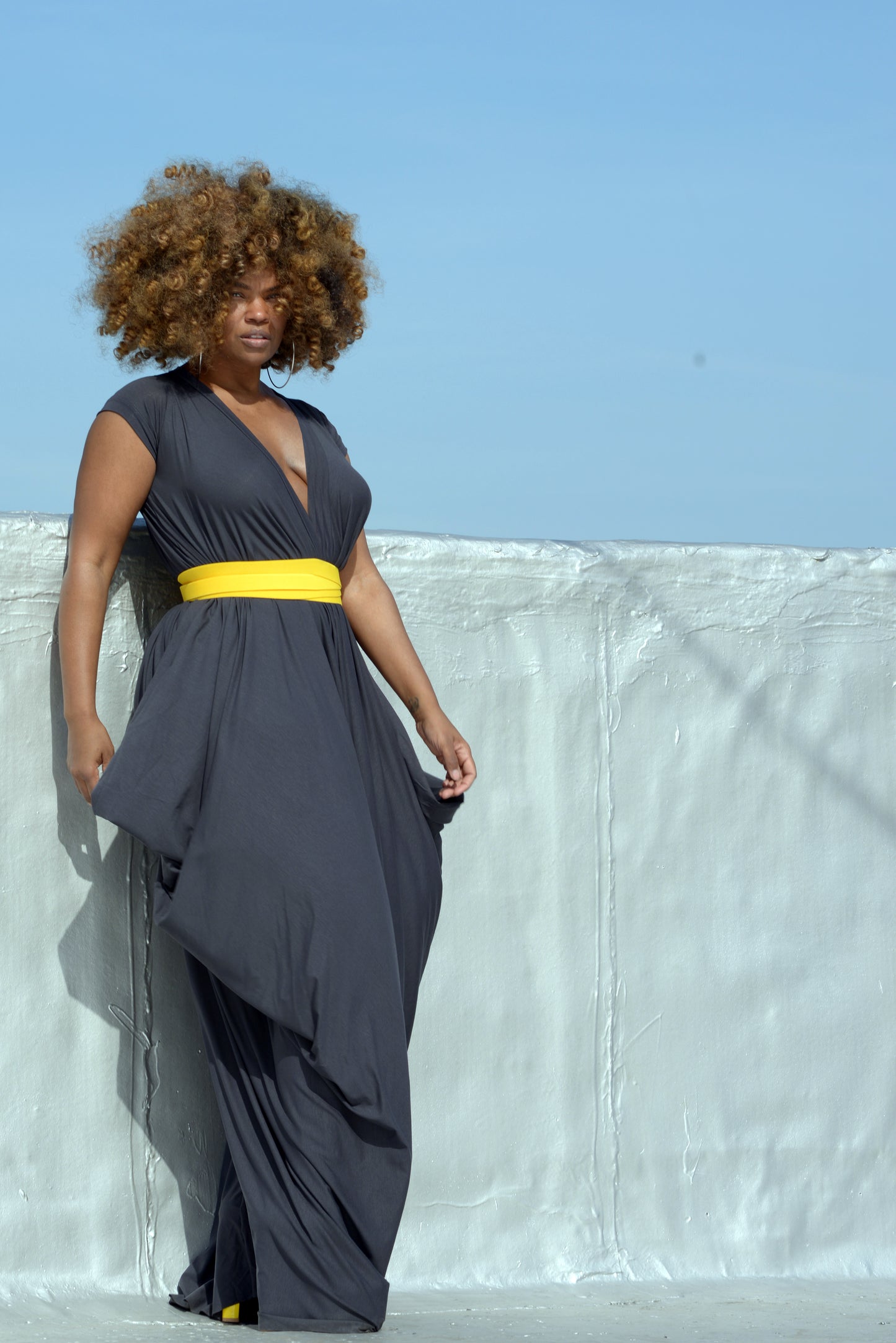 charcoal drape with elastic yellow wrap belt