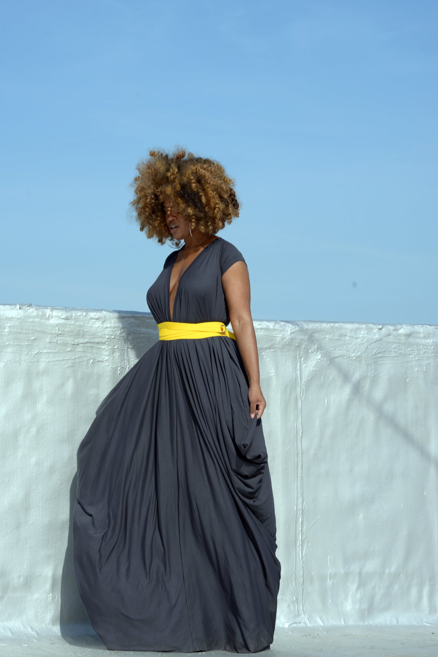 charcoal drape with elastic yellow wrap belt