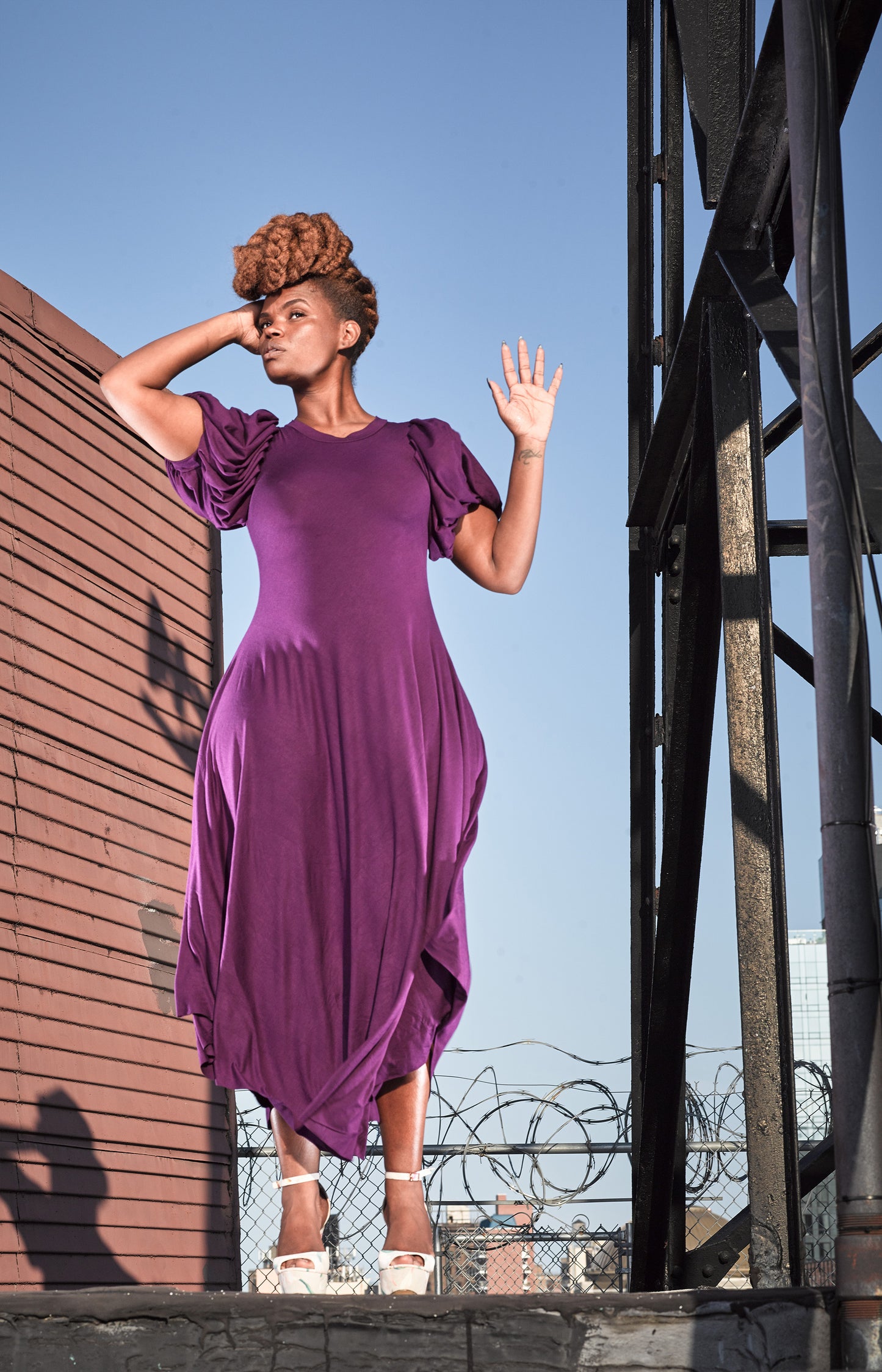 puff cap crew neck dress