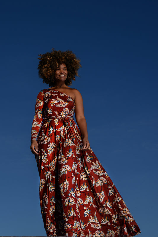 frond print one-shoulder long sleeve grecian