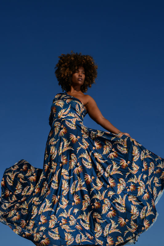 frond print one-shoulder puff bodice
