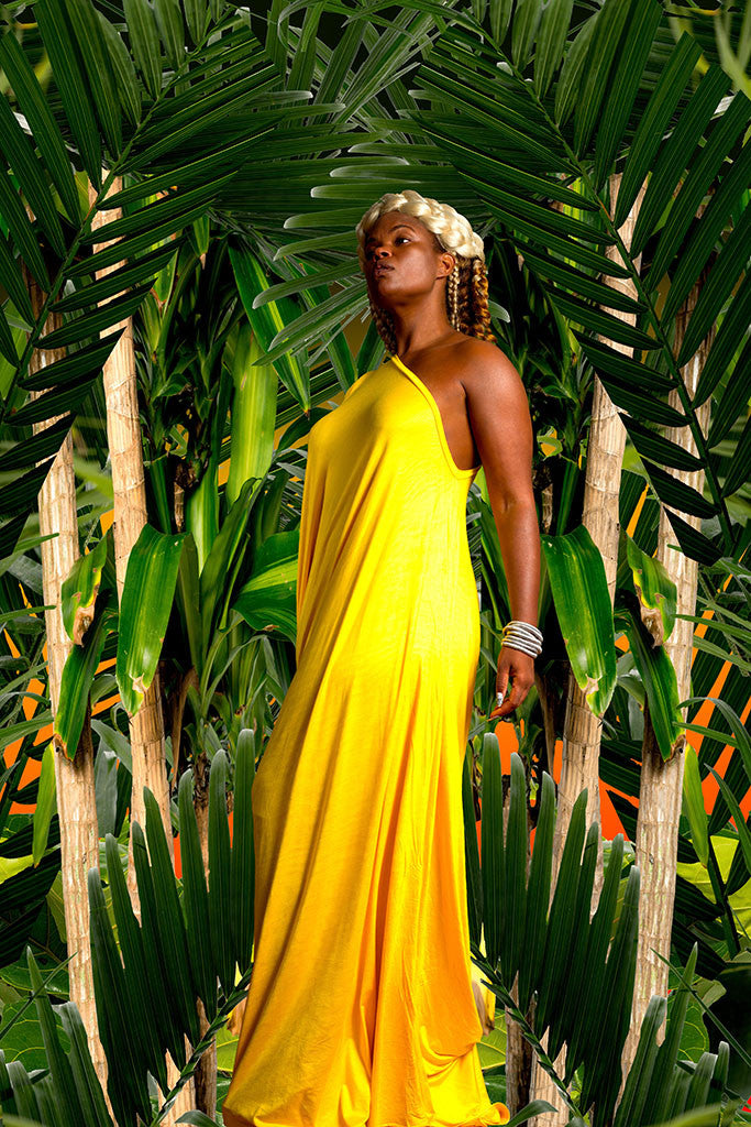 one-shoulder cap sleeve drape - long
