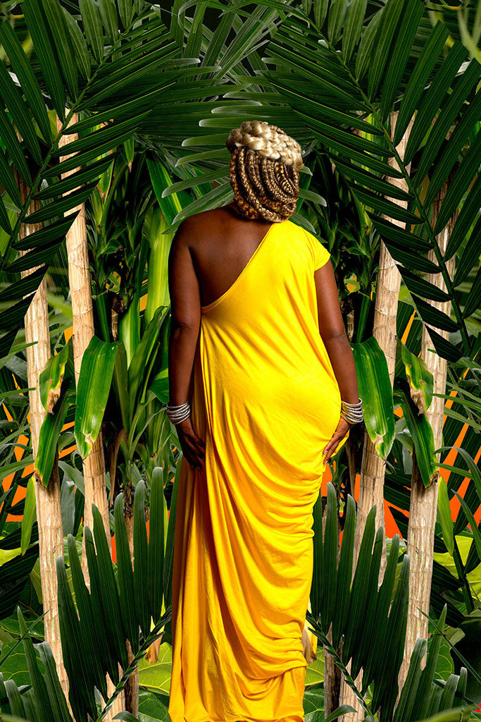 one-shoulder cap sleeve drape - long