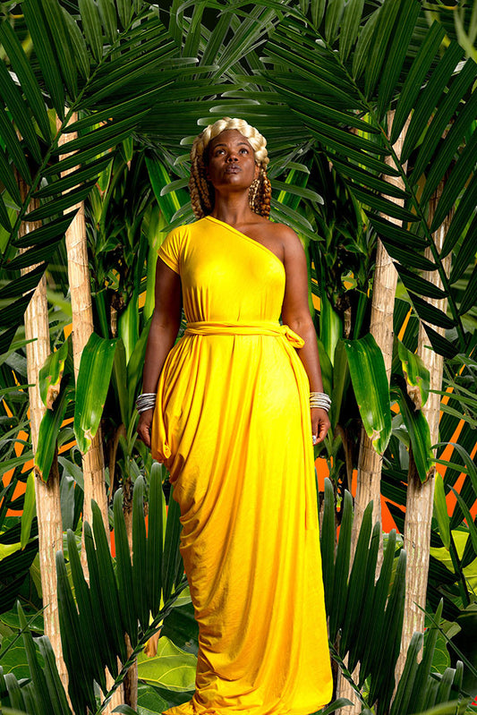 one-shoulder cap sleeve drape - long